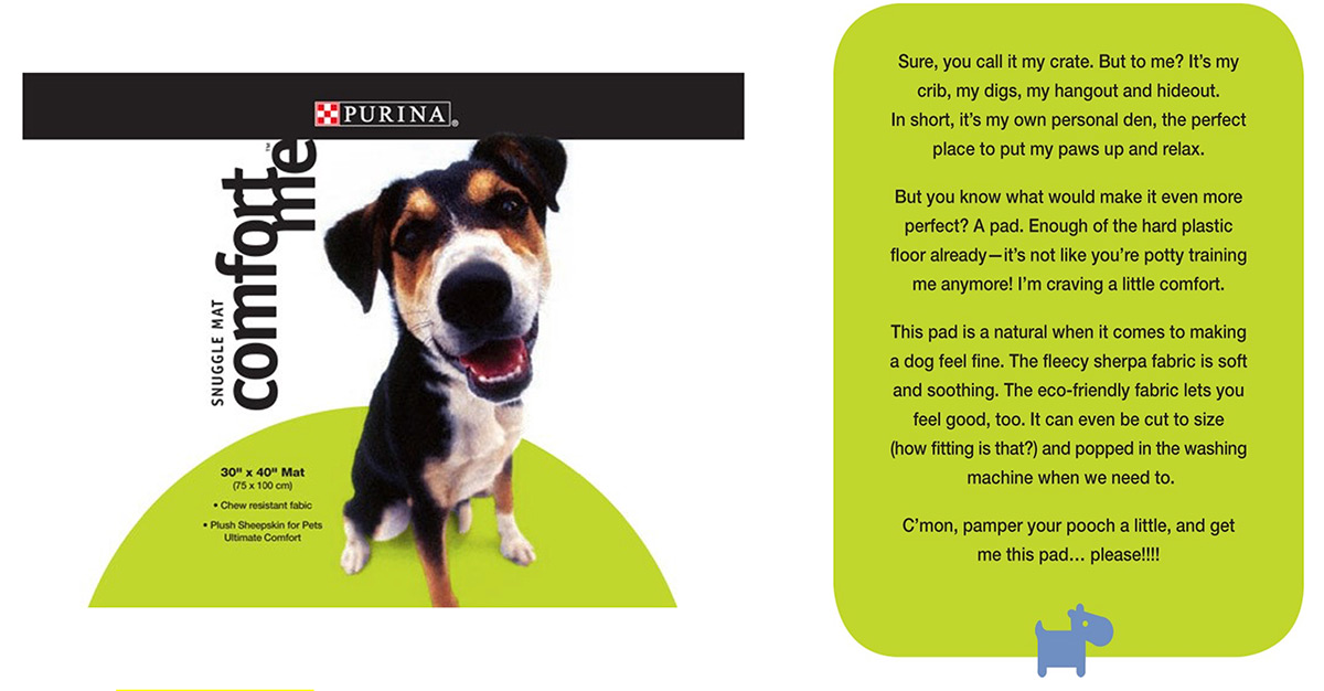 Product packaging for the Purina Pet Gear snuggle mat is shown following the brand extension and design by domo domo marketing.