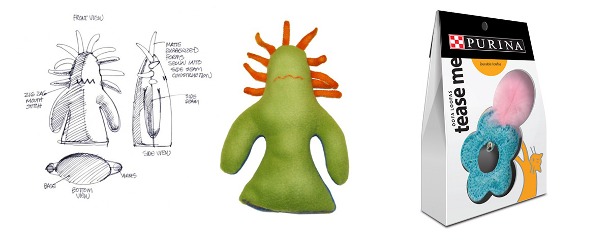 Three stages of a single Purina Pet Gear product are shown, from concept design, to prototype, to the product in the packaging. These details were part of the brand extension and design process with domo domo marketing.